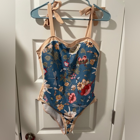 Floral Blue Dragonfly One Piece Swimsuit and Sash Skirt - Picture 1 of 4